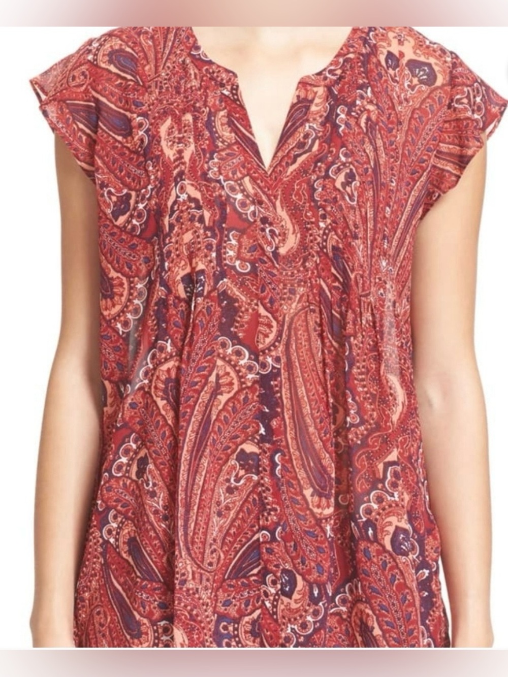 Joie Red Paisley Split V-Neck Cap Sleeve Boho Silk Tunic Blouse